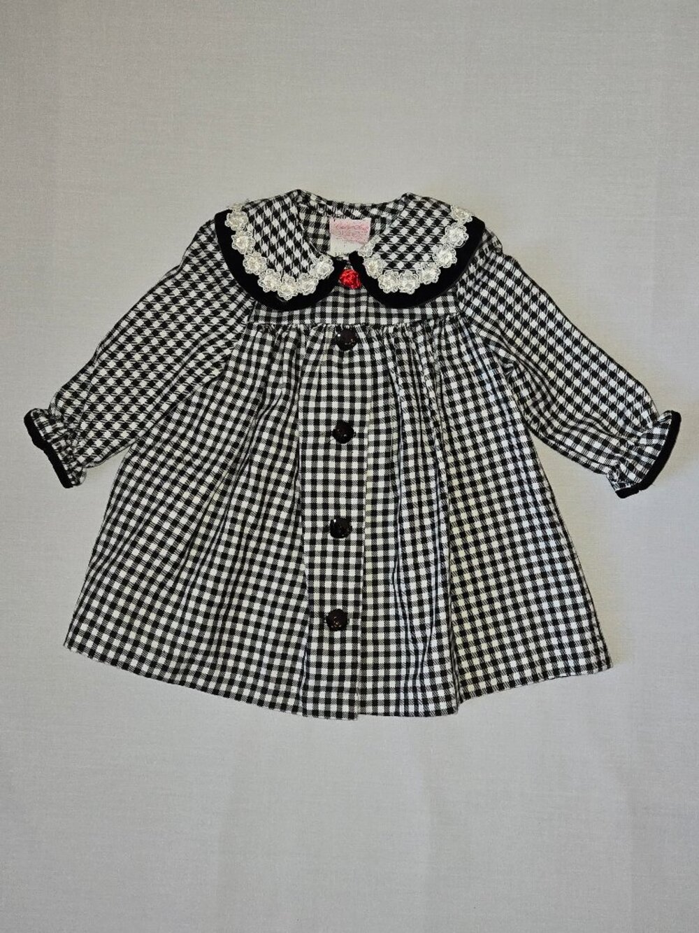 NWOT Girls Black White Gingham Dress Coat Lace Collar Button Jacket